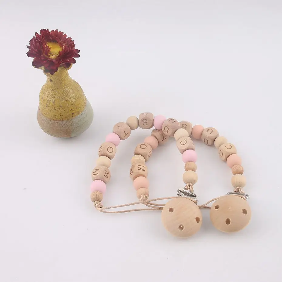 1PC Pacifier Chain DIY Crafts Personalised Gifts Custom Baby Name Dummy Chain Wooden Beads Wood Teether Chew Toys Pacifier Clip