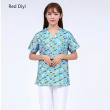 Медицинский Скраб Топы Синий принт ПЭТ доктор Стоматологическая рубашка ветеринарная униформа для женщин