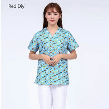 

Medical Scrub Tops Blue Print Pet Doctor Dental Shirt Veterinary Uniforms women