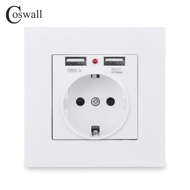 Coswall-Enchufe de pared con puerto USB, toma de corriente de 16A tipo europeo dual, para carga de 5V y 2.1A, con indicador LED, panel gris, negro, blanco o dorado