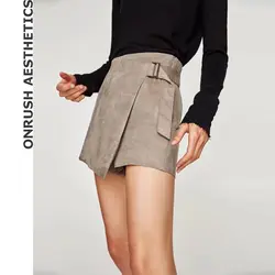 ОА Женская мода замши нерегулярные сплошной Цвет трапециевидной формы мини-юбка Slim Fit высокой талией юбка с боковой пряжкой