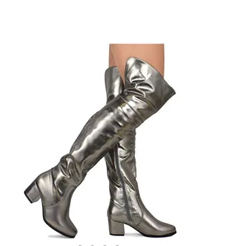

Aiyoway Women Shoes Over the Knee Boots Zip Shiny Patent Leather Winter Fashion Ladies Round Toe Block Heel Party Clubwear Boots