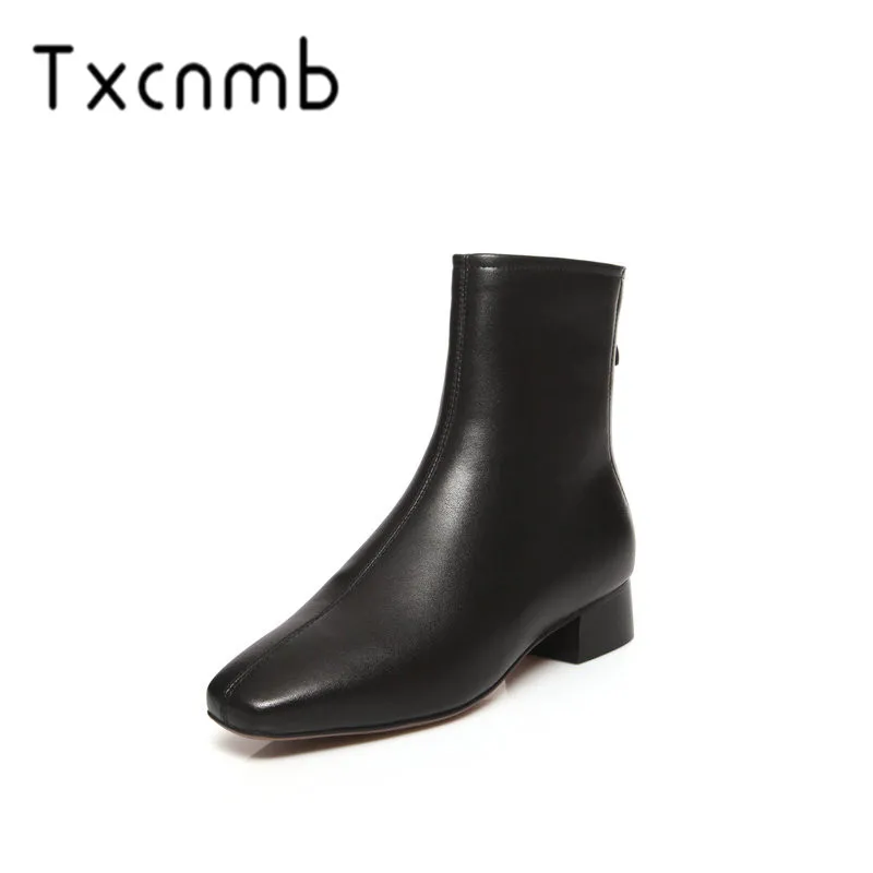 

TXCNMB New Cow Leather Boots Women Low Heels Ankle Boots Poined Toe Ladies Elegant Party Dress Shoes Woman Large Size 42 43