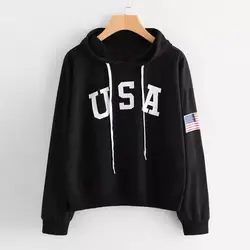 Для женщин толстовки Sudadera Mujer Женские Письмо флаг США напечатаны толстовка Повседневное с длинным рукавом пуловер с капюшоном топы Felpe Donna