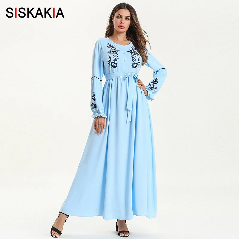 

Siskakia Maxi Long Dress Blue Floral embroidery high waist Draped Swing Dresses Spring Fall 2019 Dubai Arab UAE clothes 3XL 4XL