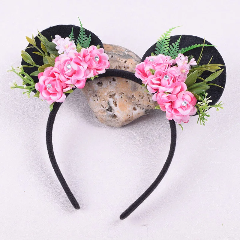 

Rhinestone Minnie Mouse Ears Flower Headband Women Cat Ear Floral Hairband For Kid Girl Woman Hairband Wedding Hair Accessories
