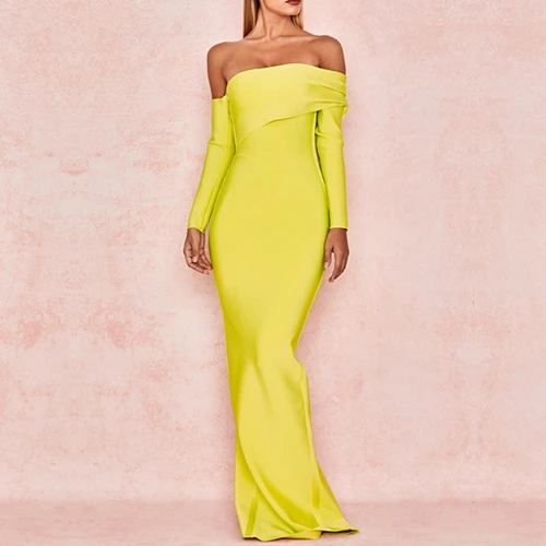 Женское вечернее платье ADYCE, желтое облегающее платье макси с длинным рукавом и открытыми плечами, зеленое платье в стиле звезд, для зима - Цвет: Yellow