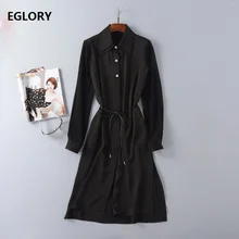 Black Dress for Women New Fashions 2018 Spring Summer Elegant Ladies Flower Jewlery Buttons String Belt Dress Loose Shirt Dress