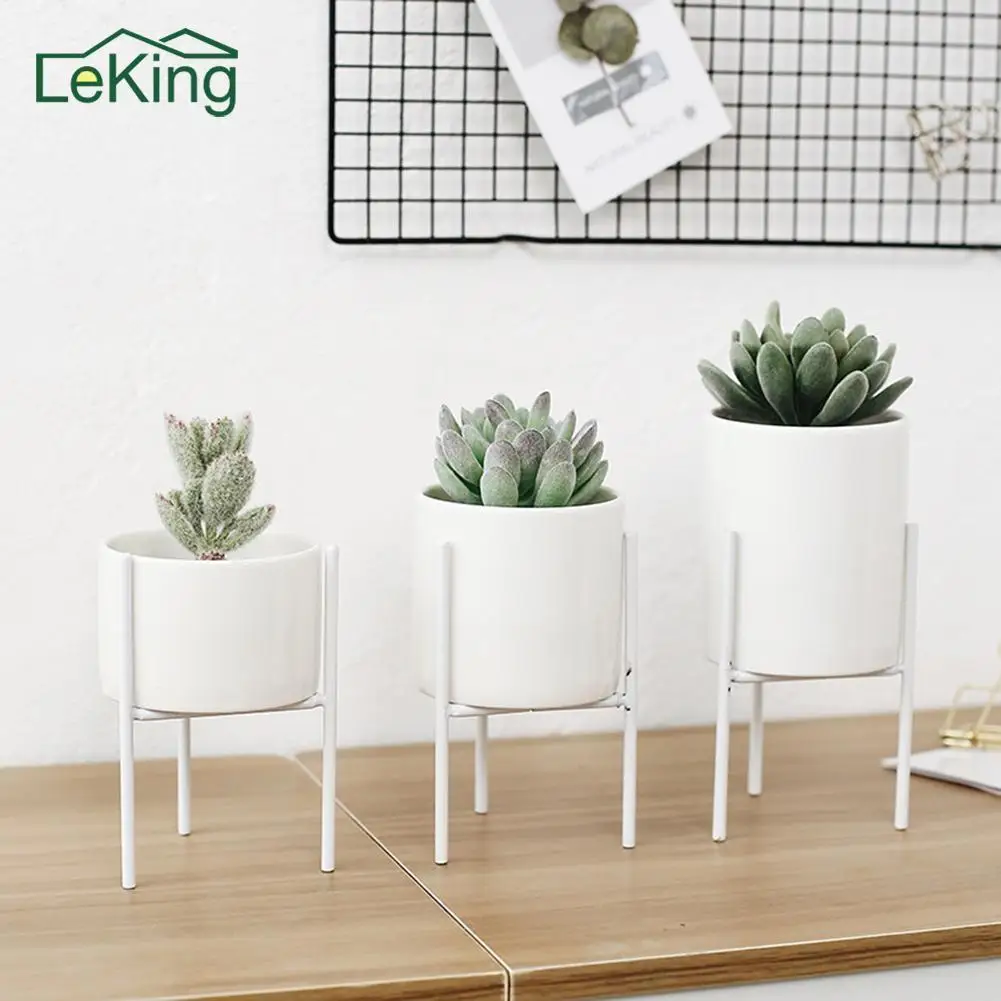

1 Set Ceramic Flower Pot With Metal Stand For Grow Hydroponic Succulent Plants Flower Vase Home Garden Wedding Decoration Short