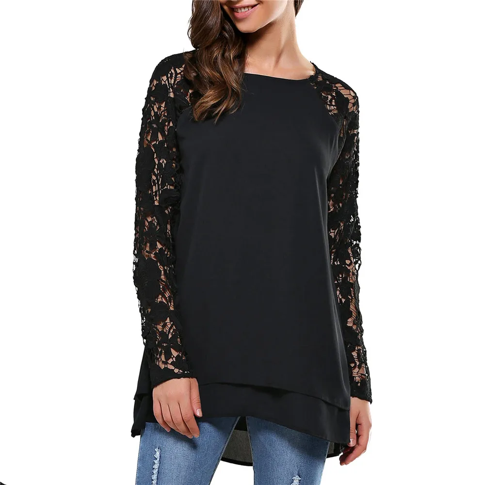 Women Solid Long Sleeve Blouse Shirt Fashion Women O Neck Floral Lace