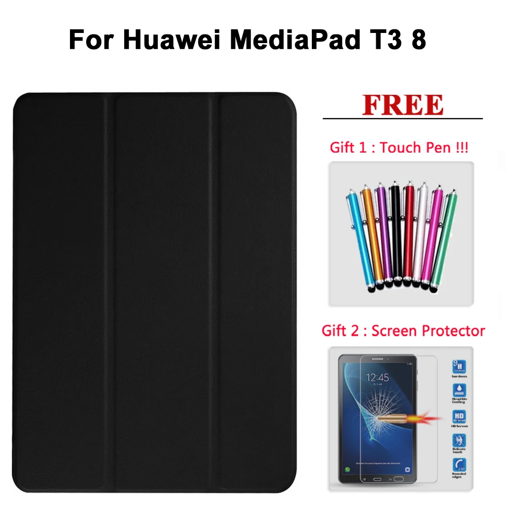 Защита экрана стекло+ чехол для huawei MediaPad T3 7 8 10/T5 10 кожаный Умный Магнитный чехол для Медиа Pad T5/T3 7 8 10. 1 - Цвет: T3 8 hei