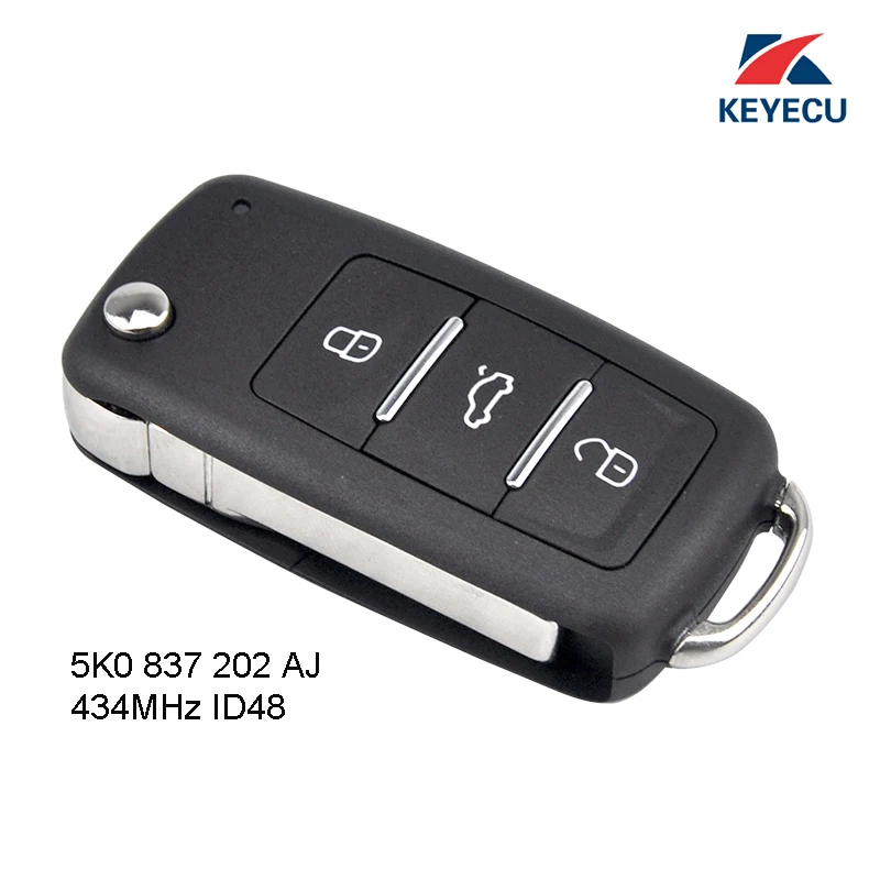 KEYECU Replacement Flip Remote Key Fob 434MHz ID48 for Volkswagen Beetle Caddy Eos Golf Tiguan