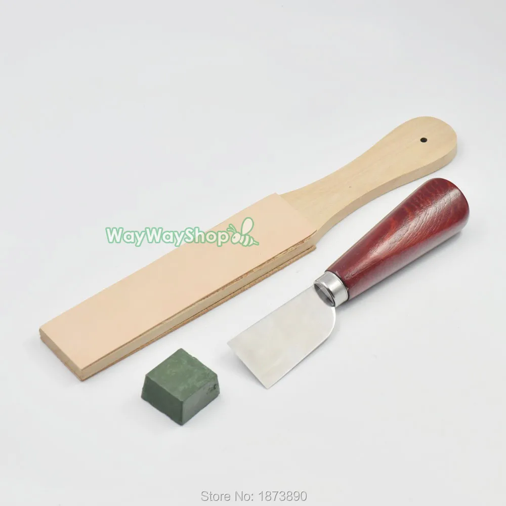 One Set Wood Handle Knife sharpening Leather Strop Chest Double Sided