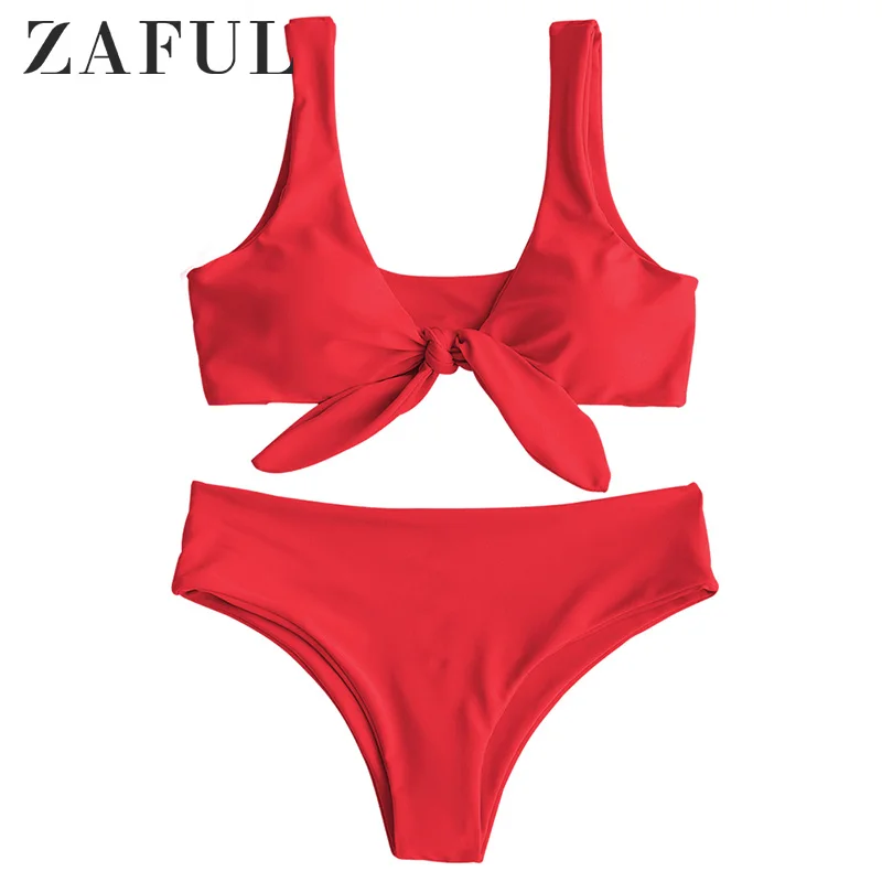 

ZAFUL Bikini Padded Front Knot Bikini Set Women Straps Solid Swimsuit Sexy Women Yellow Swimwear Pink Bathing Suit Beachwear