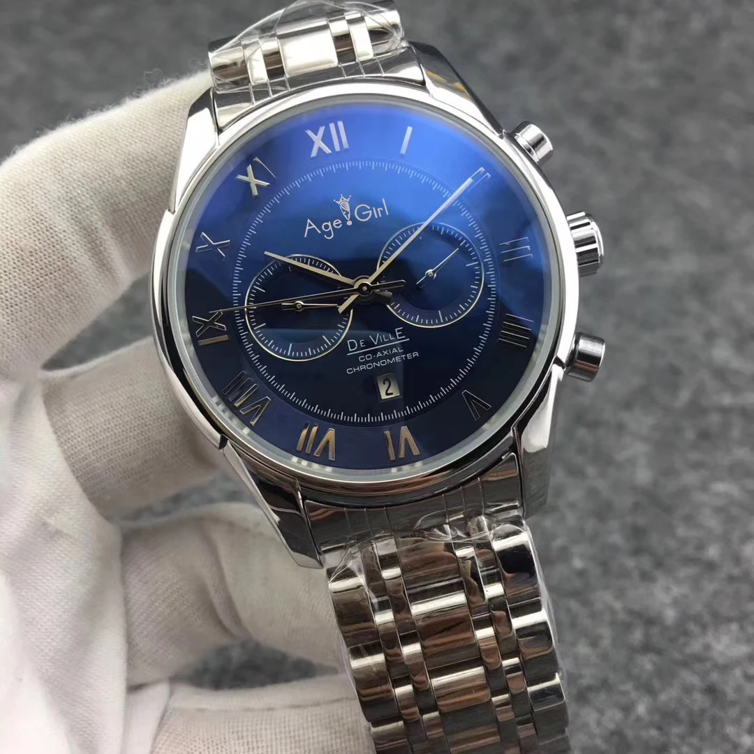 

Luxury Brand New Men Automatic Mechanical Watch Steel Silver Leather Black Blue Multifunction Calendar Sapphire Rome Transparent