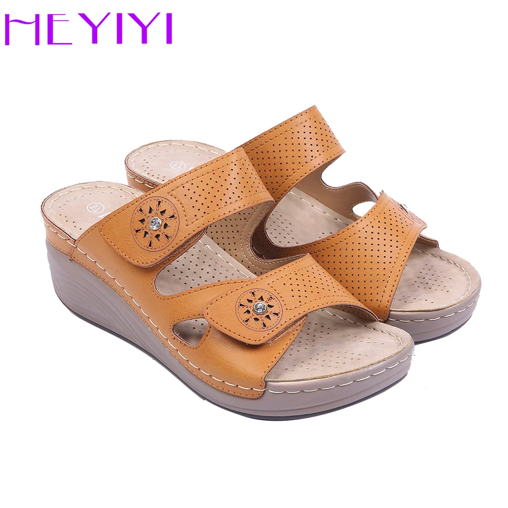 

HEYIYI Newest Women Wedge Slipper Rome Platform hollowing Hook&loop Casual Comfortable Sewing Flower Crystal Summer Women Shoes
