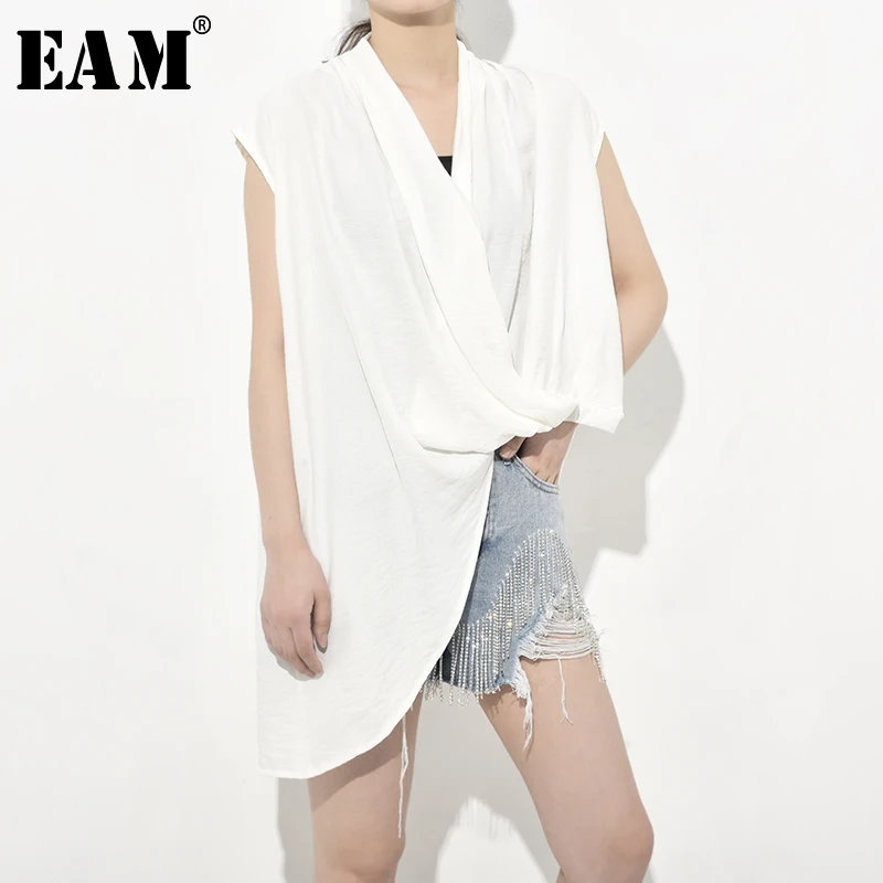 

[EAM] 2019 New Spring Summer Round Neck Sleeveless White Loose temperament Fold Irregular Hem T-shirt Women Fashion Tide JT160