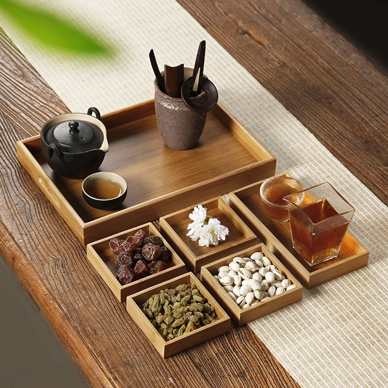 

6pc/Set Bamboo Tea Trays Cup Plate Food Fruit Plant Plate Chinese KungFu Food Dessert Serving Tray Kitchen Storage Accessories