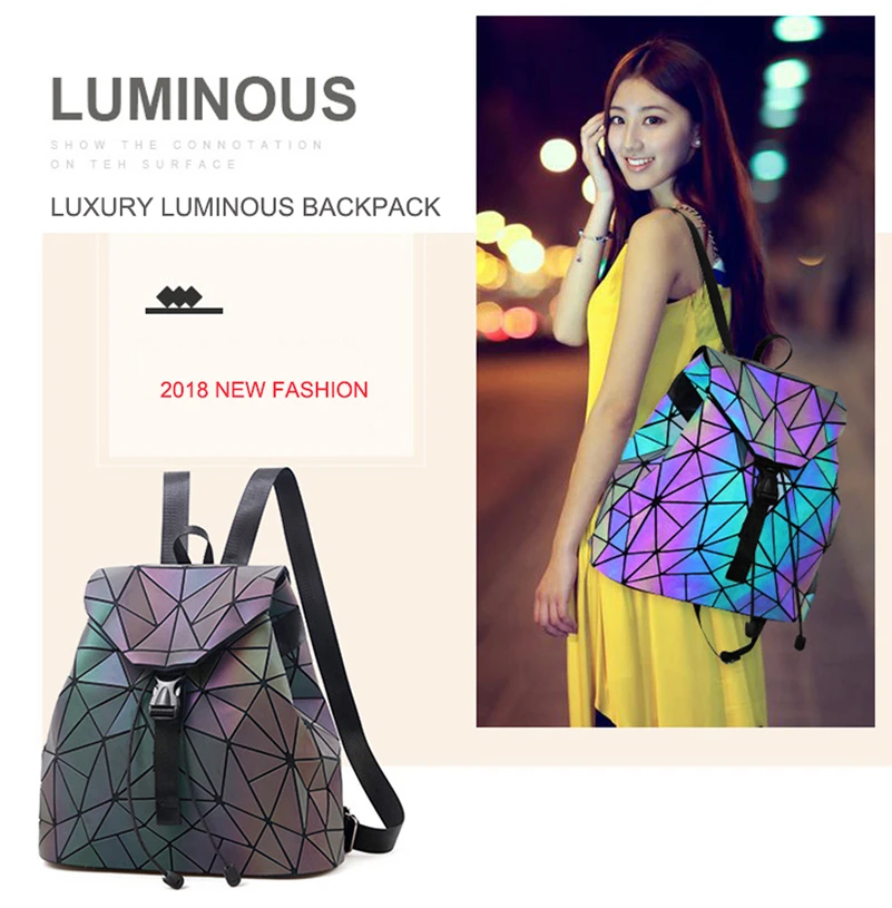 Nevenka Luminous Backpack Women Leather Geometric Backpacks Diamond Lattice Backpack Travel Girls Casual Daypacks Fashion 201806