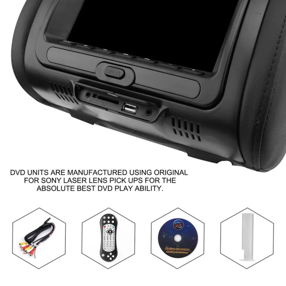  7Inch Black Car DVD/USB Car Headrest Monitors with IR Transmitter Internal Speakers Video Games FM 