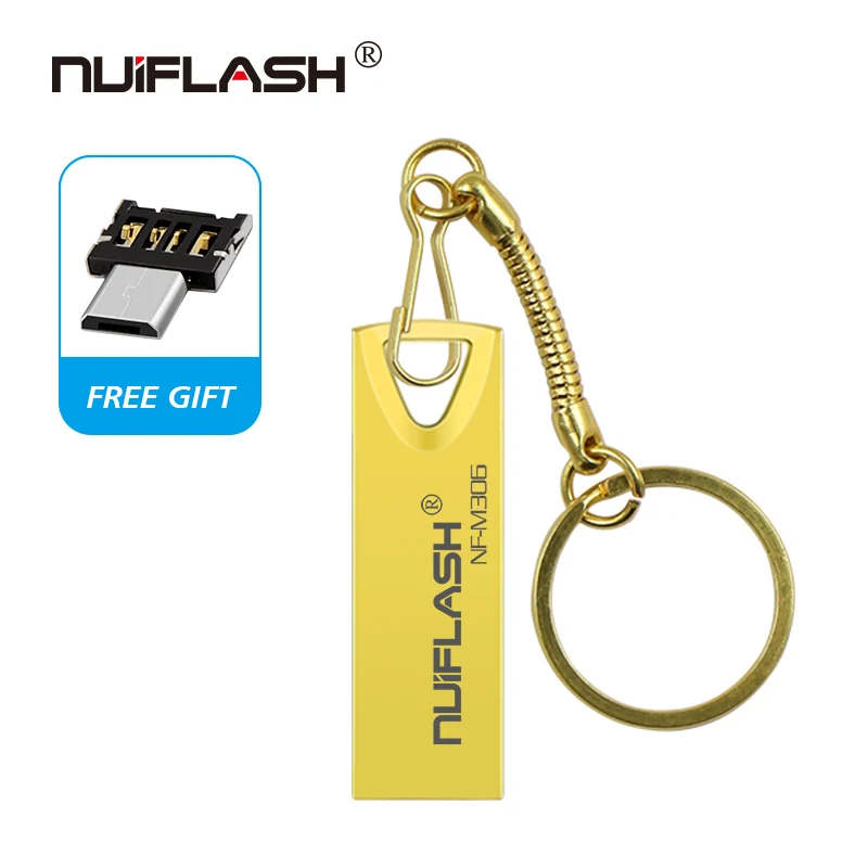 Nuiflash USB флеш-накопитель 128 Гб 64 ГБ 32 ГБ Флешка флеш-накопитель usb флешка 16 ГБ 8 ГБ 4 ГБ карта памяти металлическая ручка-накопитель бесплатный подарок - Цвет: golden-otg