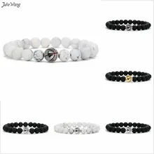 Julie Wang 1pc de Lava de la moda pulseras de cuentas de piedra natural de cobre de baloncesto encantos cuerda elástica pulsera para hombre Regalos perlas 8mm