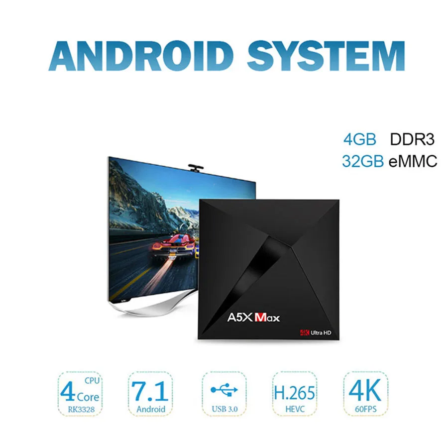 

A5X Max Smart Android 7.1 TV Box RK3328 Quad-Core Android Box 4K VP9 H.265 HDR10 USB3.0 4GB 16GB WiFi LAN Bluetooth Media Player