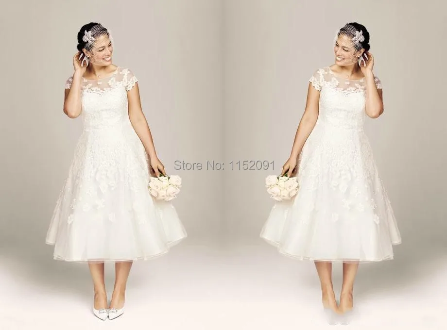2016 Sheer Beach Wedding Dresses Plus Size Tea Length Lace