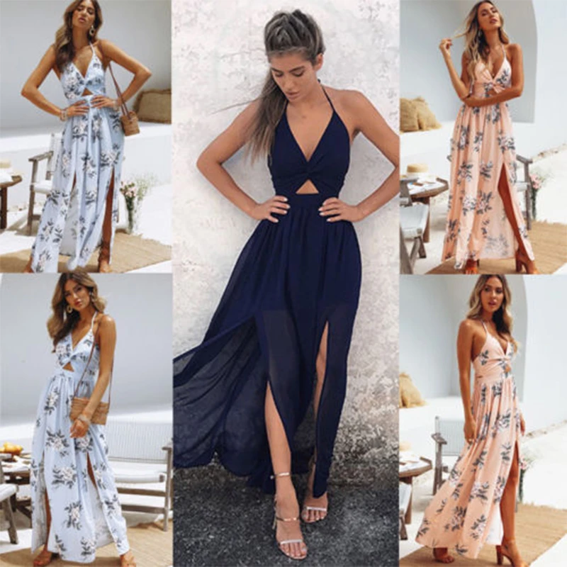 Womens Summer Boho Maxi Long Dress Evening Party Beach Dresses Sundress Floral Halter Dress Summer 2019 summer dresses