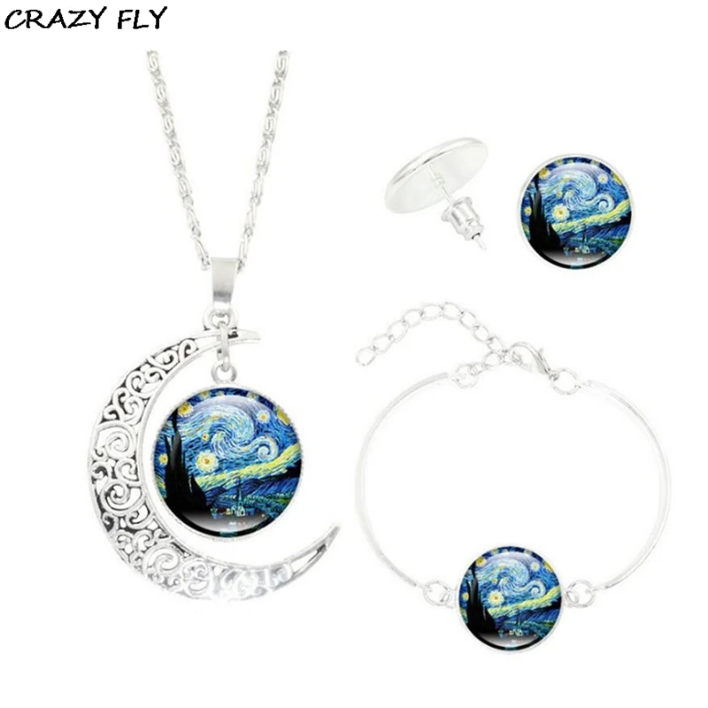 

CRAZY FLY 2018 New Fashion Van Gogh Time Gem Charm Pendant Necklace Set Earrings Bracelet Jewelry Set Halloween Gift