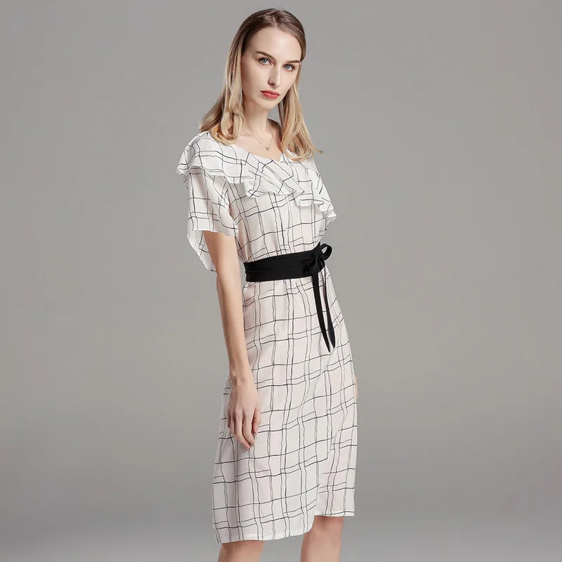 Women Midi Dress Geometric Print Summer Dresses Silk Short Sleeve Vestidos Mujer Office Lady Slim A-line Elegant Dress 2019