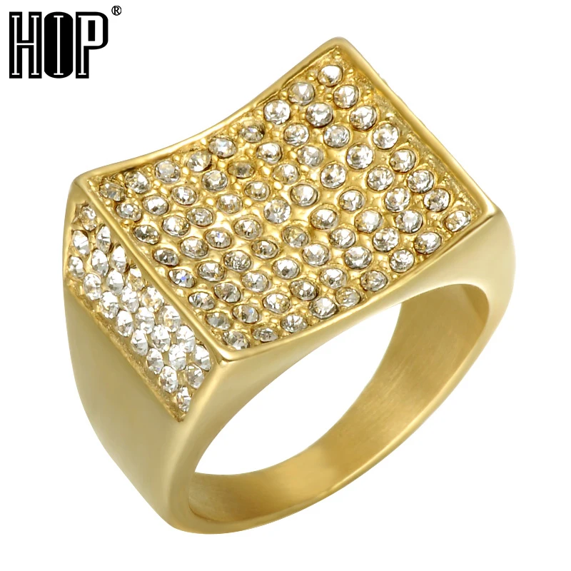 

HIP US Size 8-13 Gold Color Crystal Wedding Bands Ring Bling Iced Out Stainless Steel Rings For Men Hip Hop Jewelry