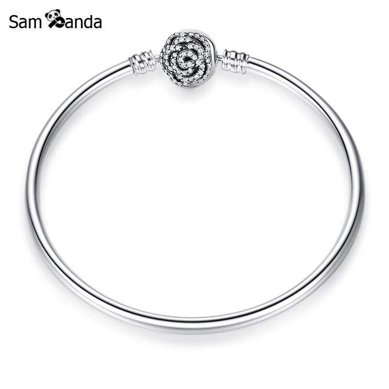 

New Authentic 100% 925 Sterling Silver Enchanted Rose Clear Crystal Clasp Snake Chain Bracelets & Bangles Pave DIY Jewelry