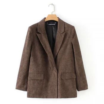 

Women office lady cord blazers Long sleeve Double breasted pick lapel drop shipping SML brown striped 18Dec casual spring autumn