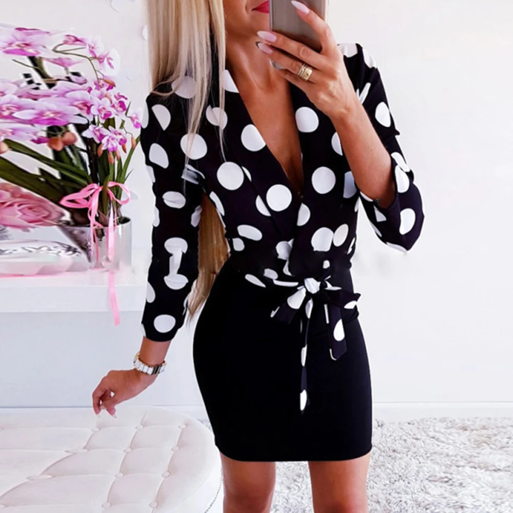 

Elegant Ladies Sheath Dress Polka Dot Knot Bandage V-neck Sexy Women Mini Dresses Long Sleeve Bodycon Autumn Office Workwear D25