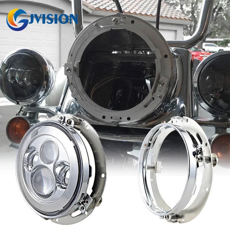 

7 inch chrome led projector headlamp Hi/Lo beam H4 headlight for Harley Davidson Motorcycle with 7'' Round Adapter Ring