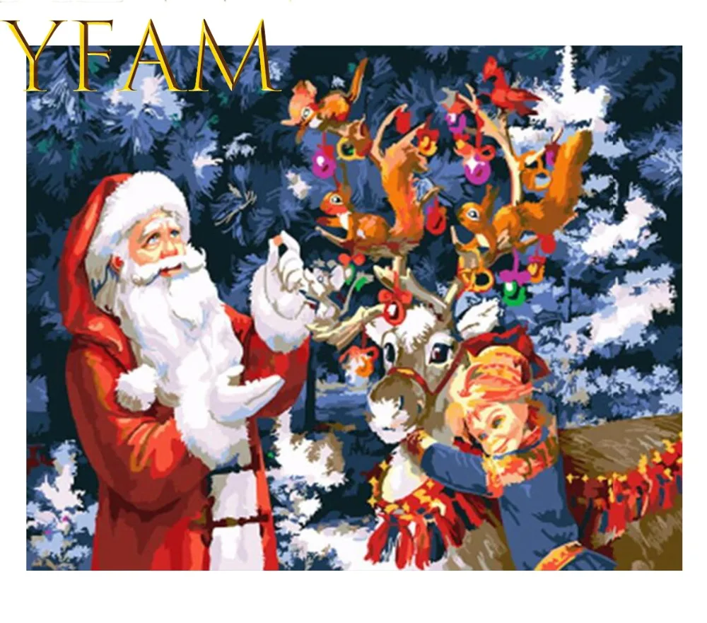 Us 924 51 Offsanta Claus And The Deer Christmas Painting By Numbers Diy Hand Paint Acrylic Drawing Linen Canvas Modern Decor Wall Picture In