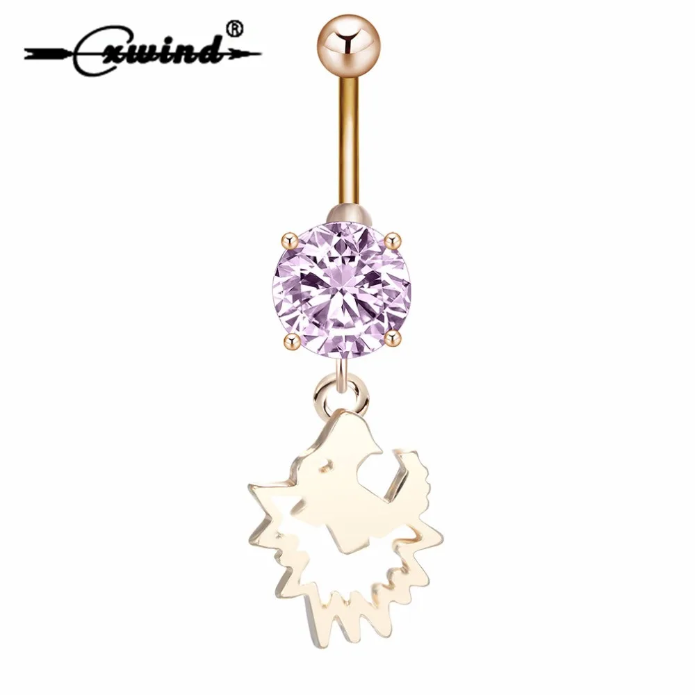 

Cxwind Charm Animal Lion Pendant Navel Piercings Belly Rings Pink Zircon Gold Silver Plated Stainless Steel Button Ring Women