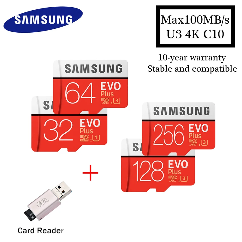 Карта памяти samsung EVO PLUS Micro sd 32 Гб 64 Гб 128 ГБ 256 ГБ UHS-I 100 м/с класс 10 U3 TF карта SDHC SDXC с кардридером