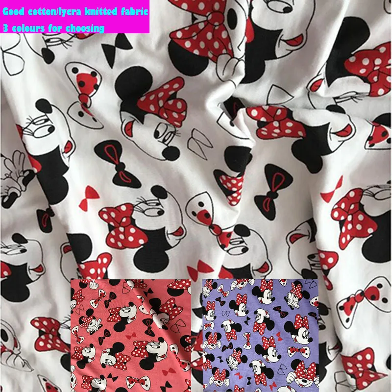 

3 Colours Minnie Jersey Fabric knitted Cotton/Lycra Fabric Minnie Red Tie Printed Fabric Sewing Material diy Girl Dress T-Shirt
