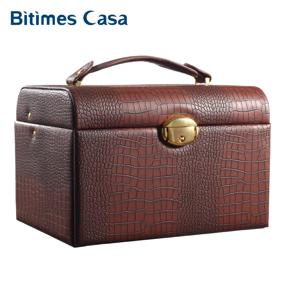 High end Jewelry Box With Key Big Size Brown Pu Leather Necklace