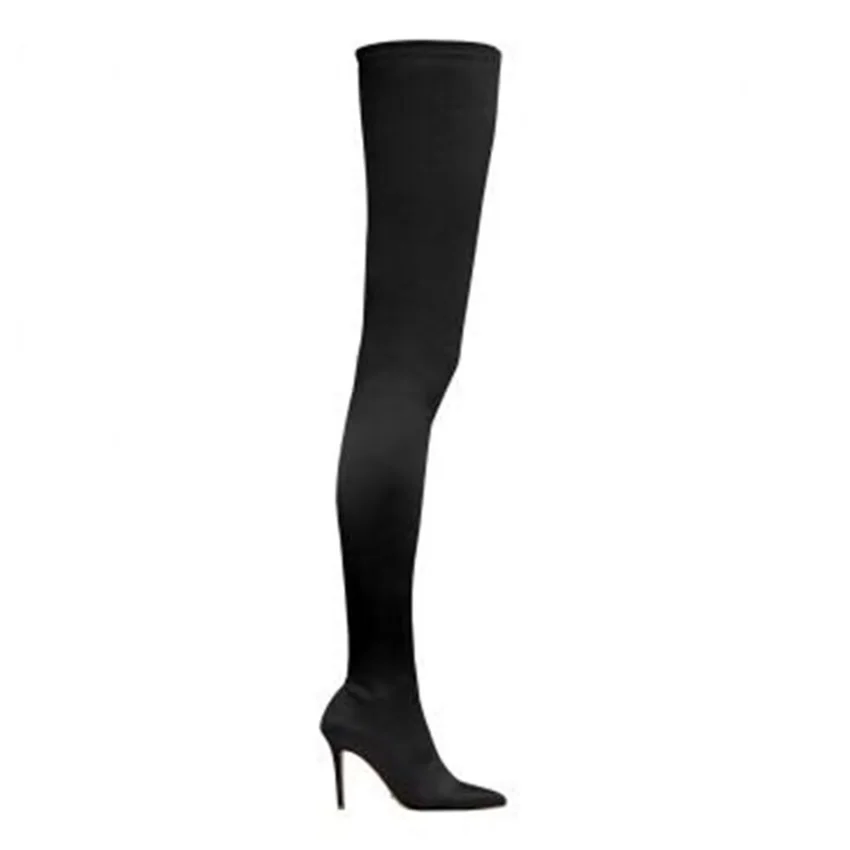 

2018 Sexy Overknees Stretch Boots Pointed Toe High Heels Sock Booties Autumn For Women Simple Solid Slip-On Size 40 Ladies Shoes