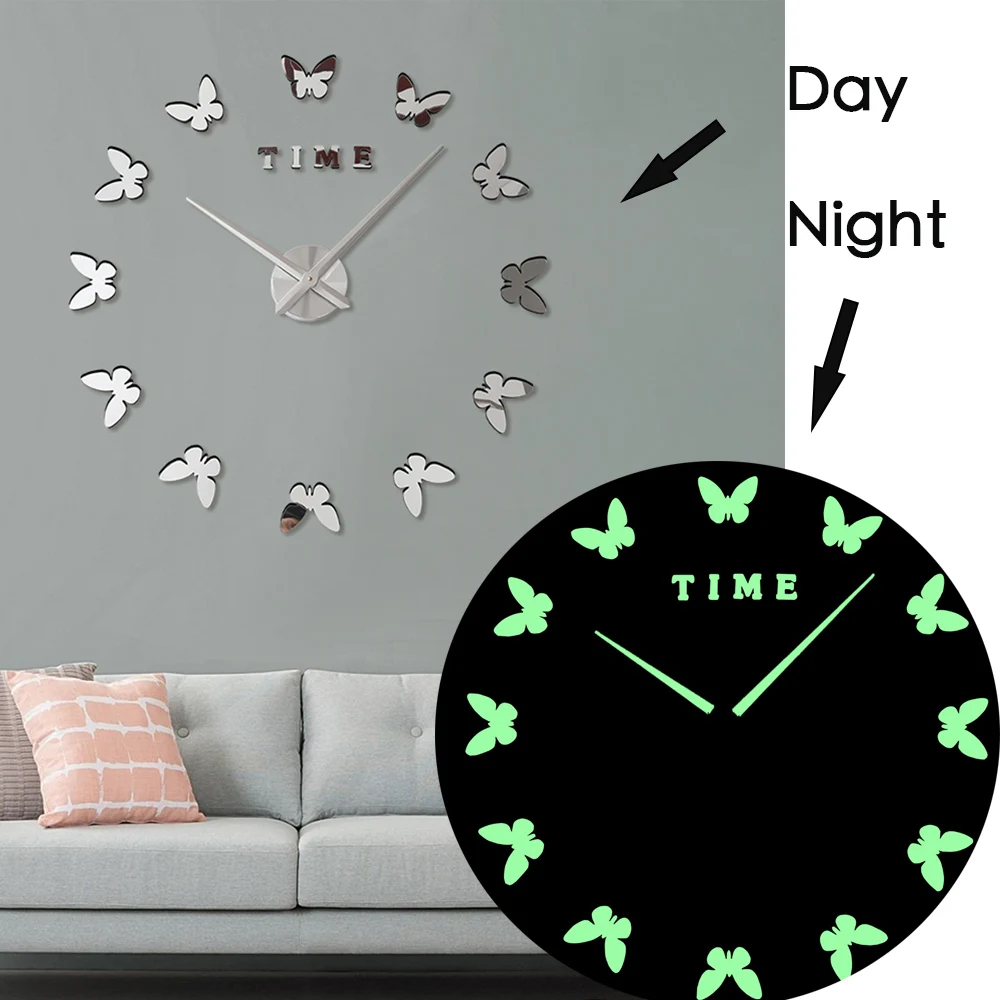 

Luminous Butterfly New Wall Clock Clocks Watch Horloge Murale Diy 3d Acrylic Mirror sticker Large Home Quartz Modern Design