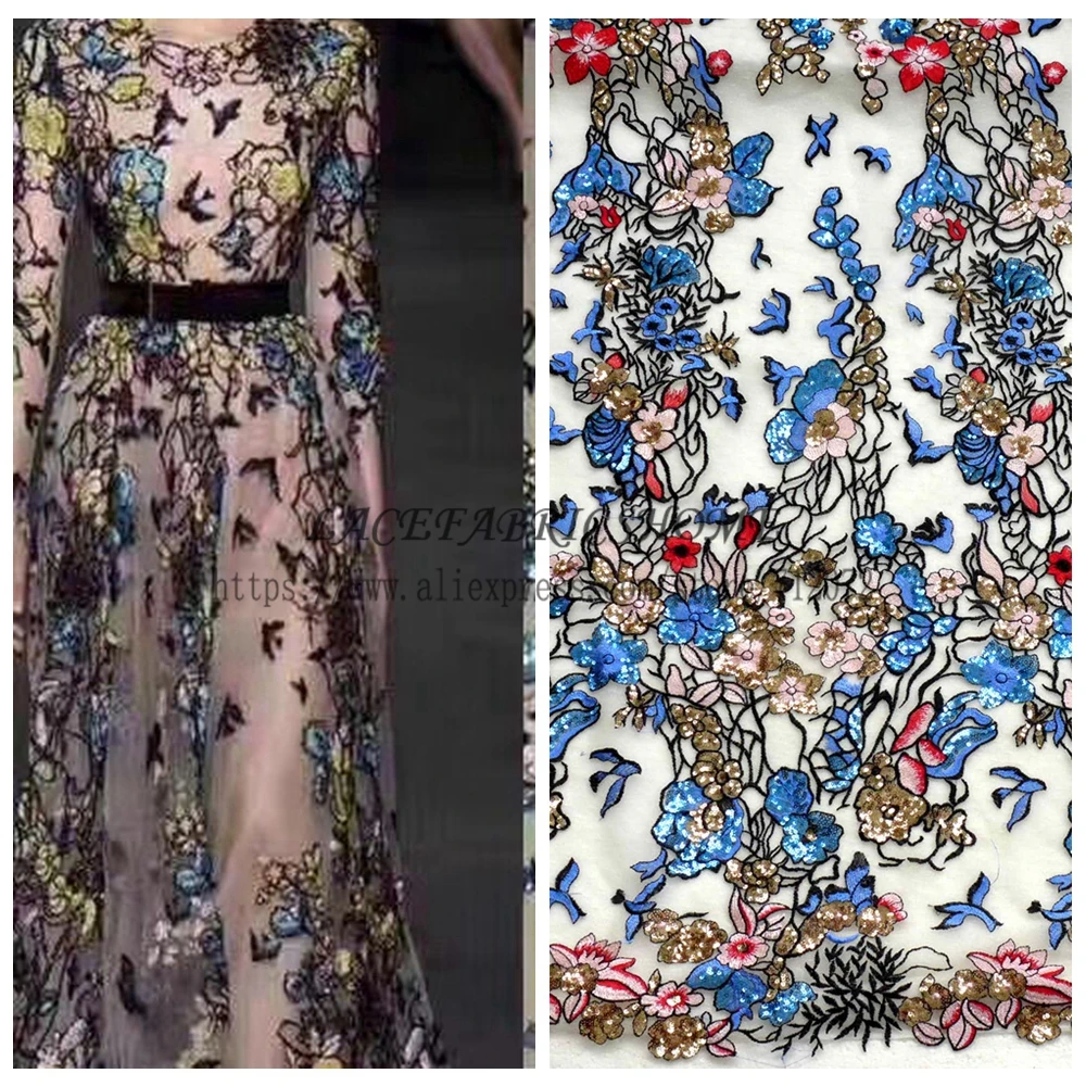 

1 yard Beautiful mixed colors sequins polyster embroiderey evening dress lace fabric fashion week show styl lace 51'' width