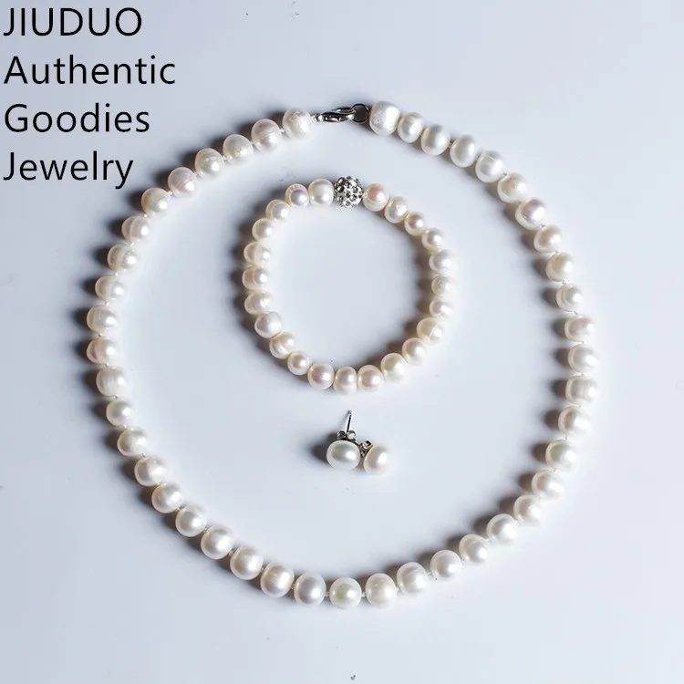 

JIUDUO 9-10mm Real Freshwater Pearl Elastic Bracelet Earrings Necklace Set for 2016 Fashion Women Jewelry Gift JS29