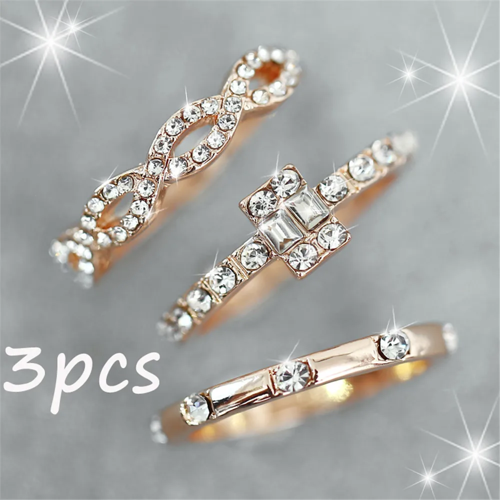 3Pcs/Set Fashion Infinity Rings Set For Women Girls Crystal Twist Ring Couples Gold Female Engagement Wedding Jewelry 2019 New