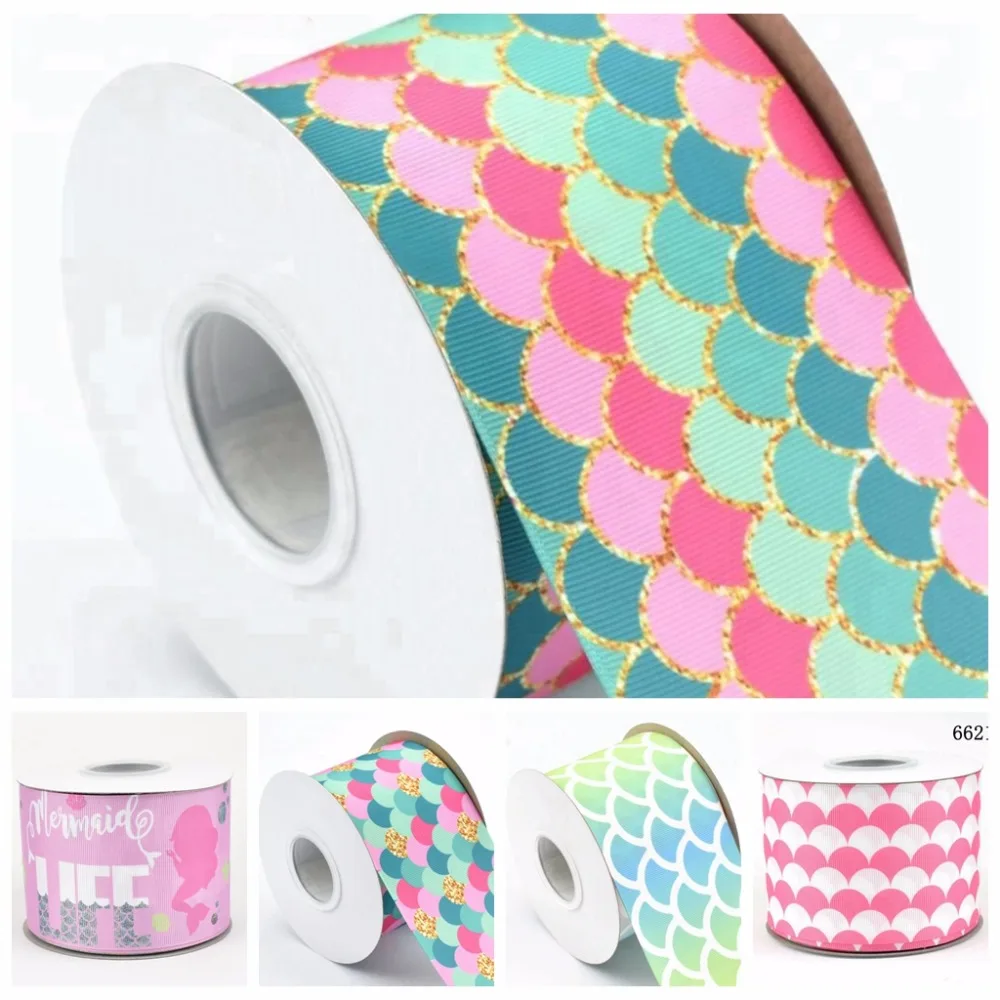 

100Y/lot 75mm 3" heat transfer fish scale mermaid printed grosgrain ribbon for DIY accessories welcome custom