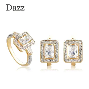 

Dazz 2018 New Wedding Jewelry Set Square Mini Hoop Earrings Ring Set D Hooks Zircon Copper Women Girls Birthday Prom Accessories