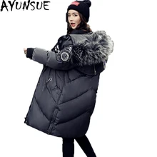 Новинка, роскошная зимняя женская куртка из меха енота, длинный рукав, с капюшоном, толстая, белая, утиный пух, пальто, теплая парка, Abrigo Mujer ST548