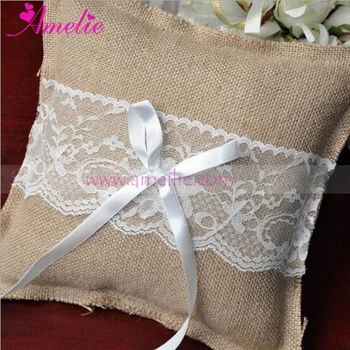 

Free Shipping 6pcs Lot Linen Wedding Ring Pillow Burlap Ring Pillow With Lace